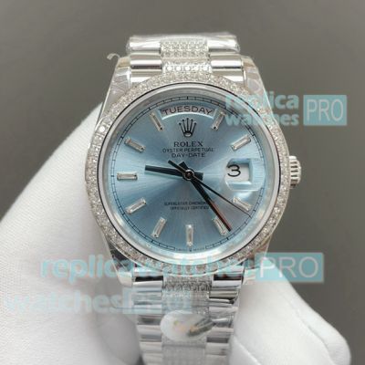 8+ Factory Luxury Replica Rolex Day-Date 36 Gain Weight Ice Blue Watch Diamond Bracelet 